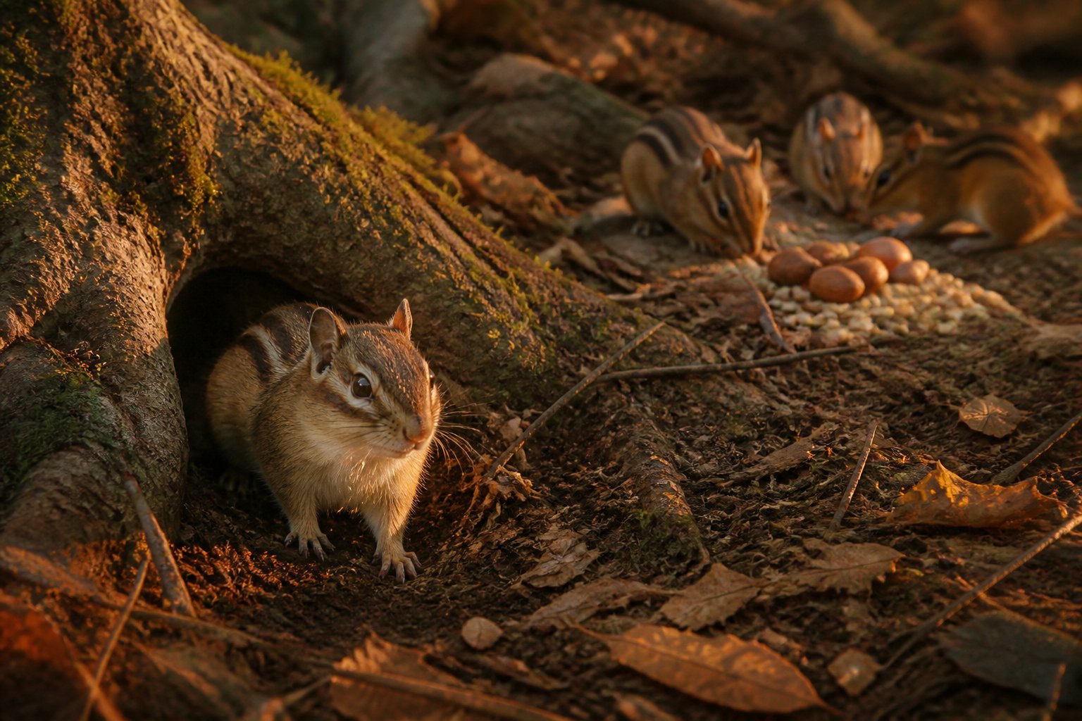 A chipmunk emerging from its burrow in a forest floor setting with scattered leaves and nuts nearby.