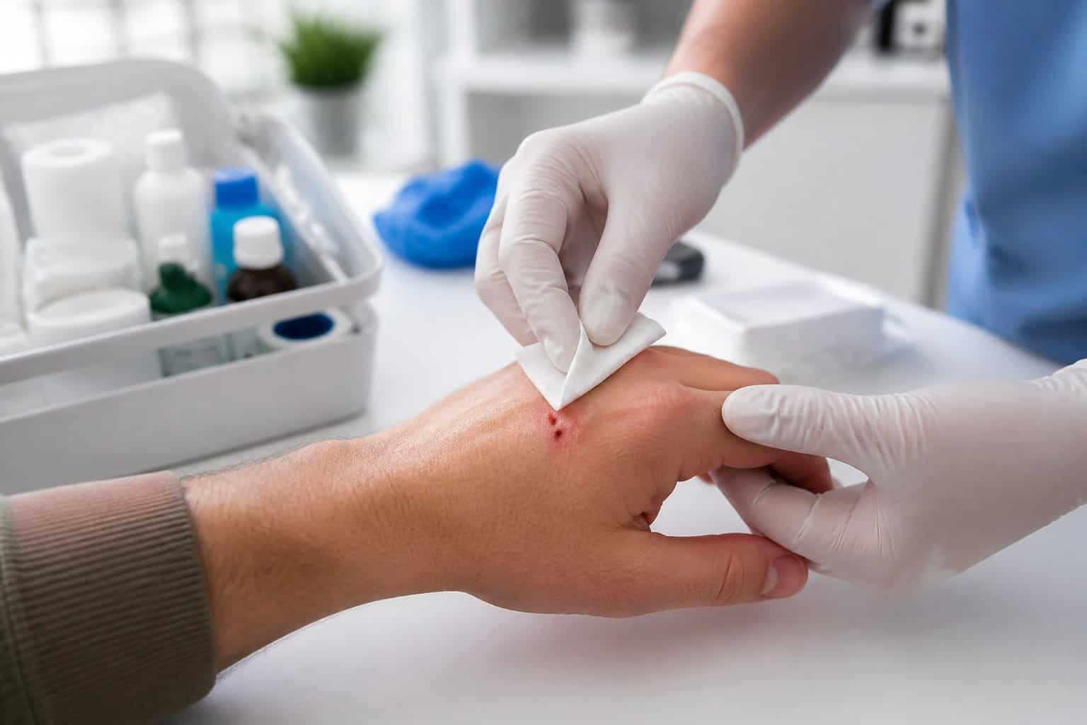 A close-up of a person’s hand being cleaned with an antiseptic wipe by a gloved hand in a medical setting.