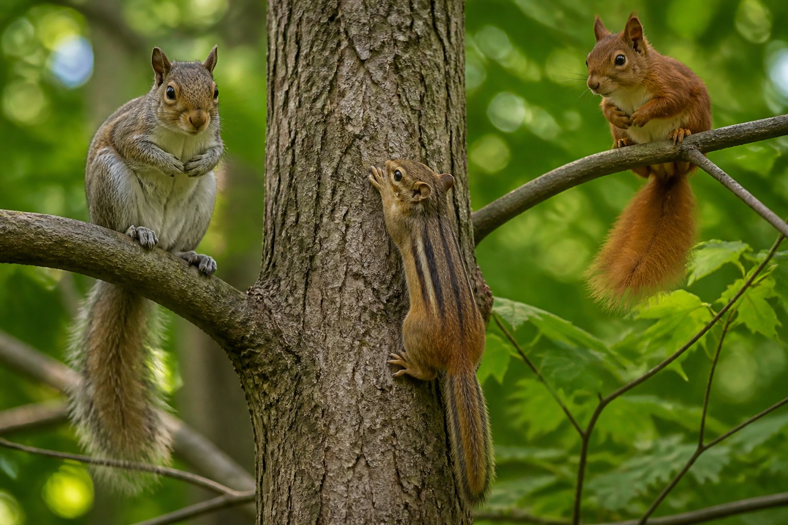 A chipmunk climbing a tree trunk with a gray squirrel and a red squirrel nearby in a green forest.