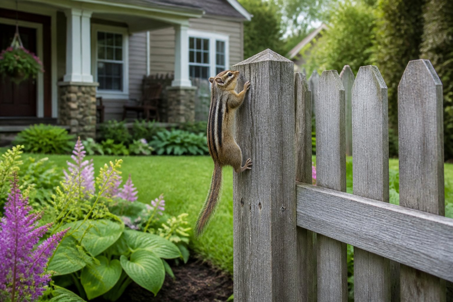A chipmunk climbing a wooden fence near a suburban house with a garden.