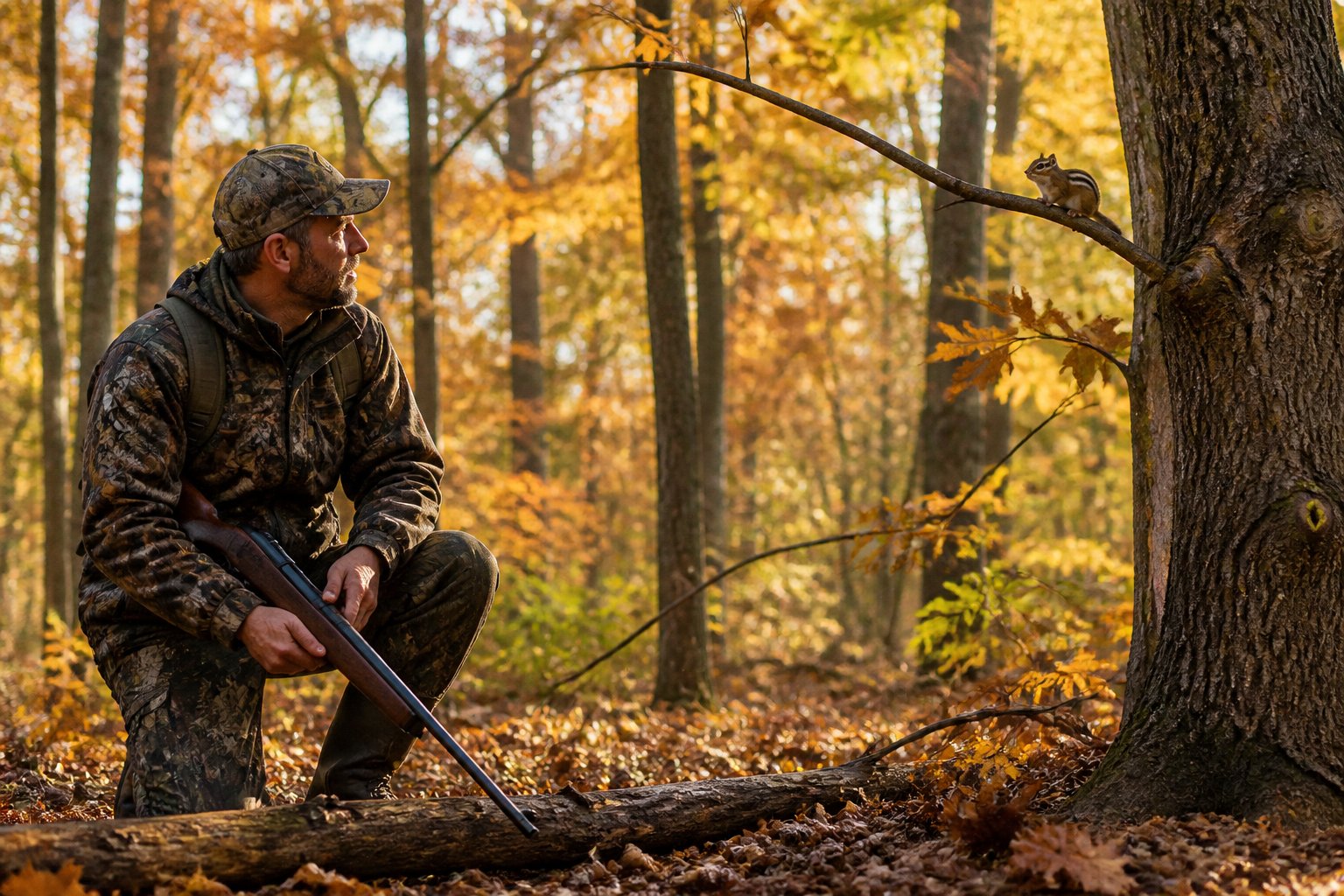 A hunter in camouflage quietly watching a chipmunk on a tree branch in a forest during autumn.