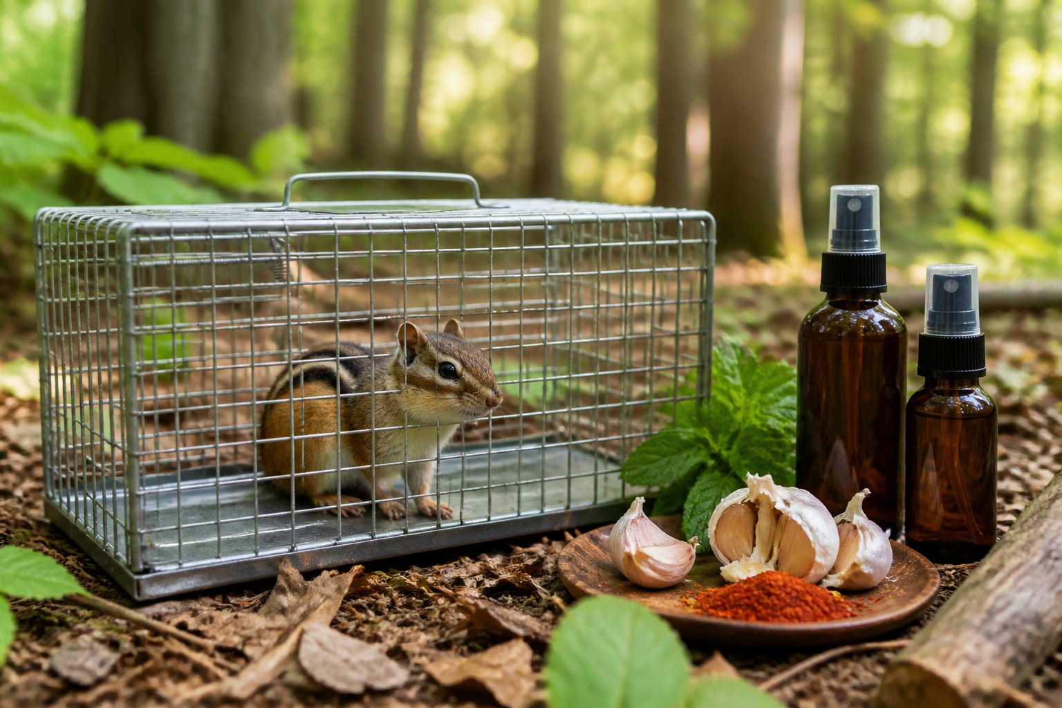 A small chipmunk inside a humane wire trap placed on the forest floor surrounded by leaves and natural deterrents nearby.