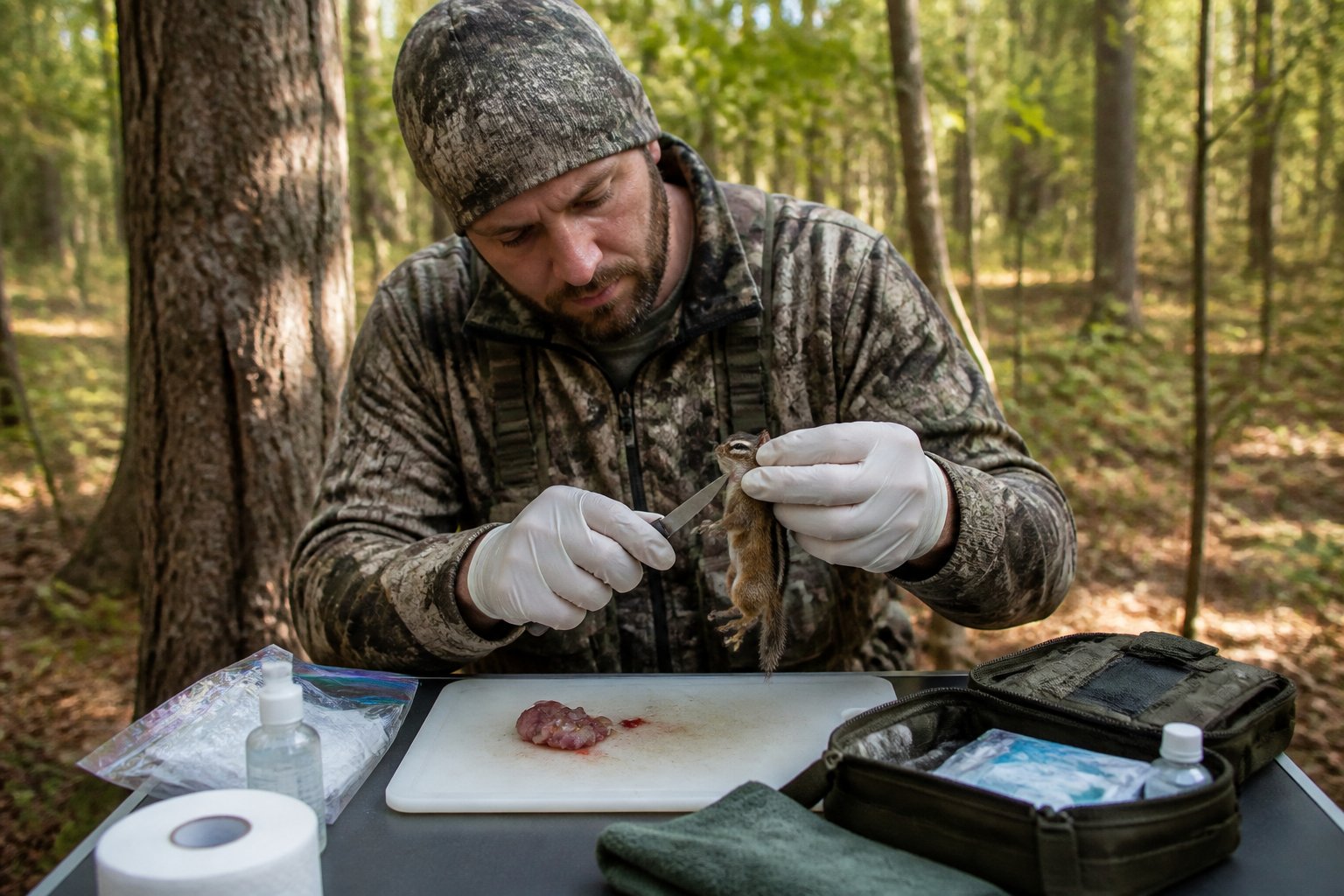 A person outdoors in a forest carefully handling a chipmunk with clean tools and protective gloves.