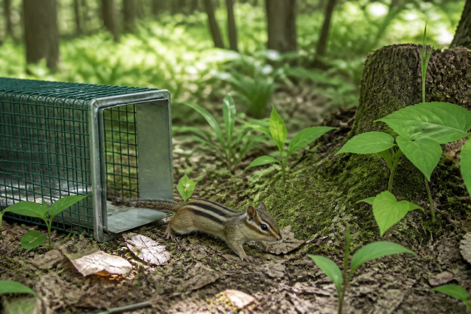 A chipmunk emerging from a live trap into a green forest area after being relocated.