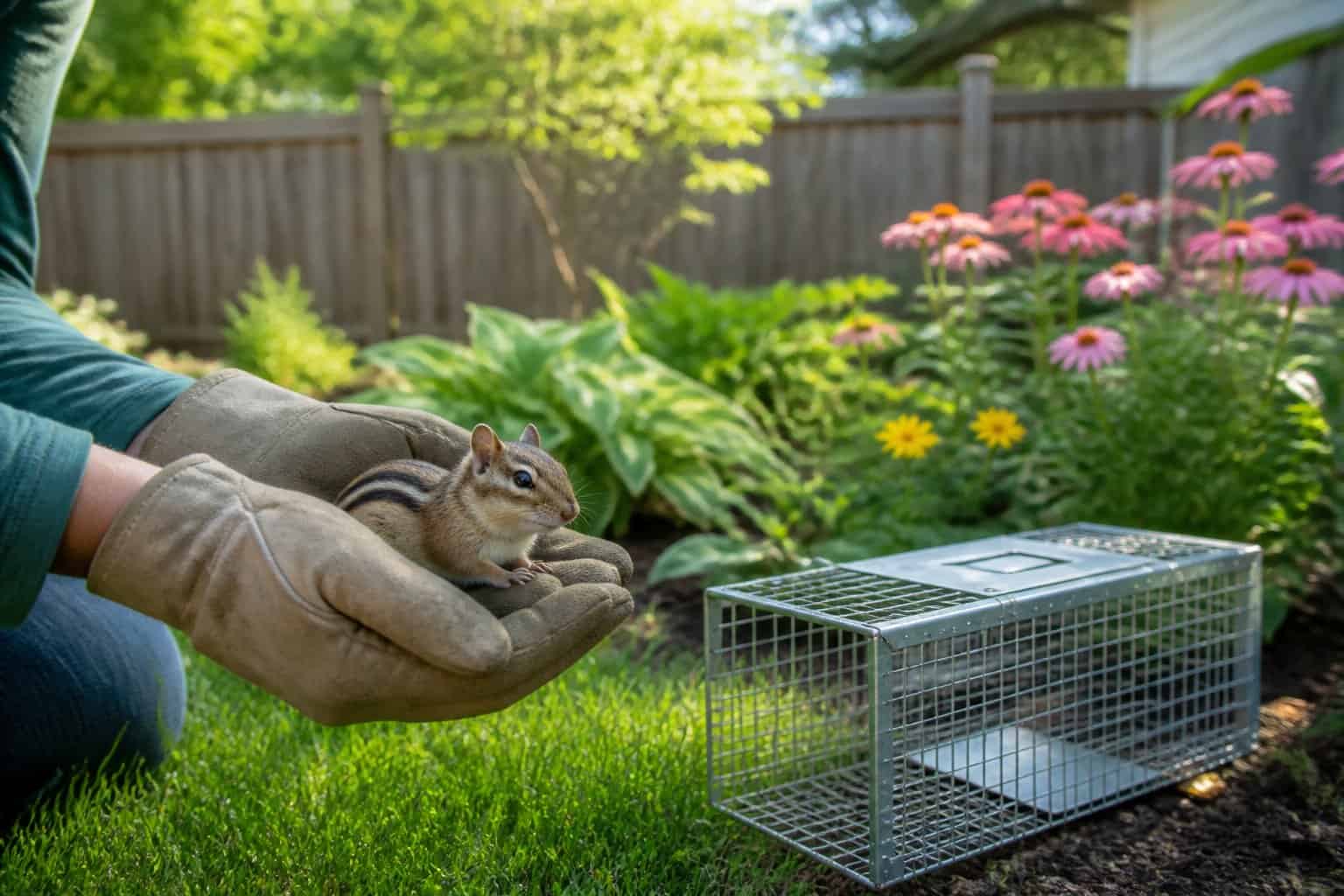 A person gently holding a small chipmunk in their hands in a green garden with a humane live trap nearby.