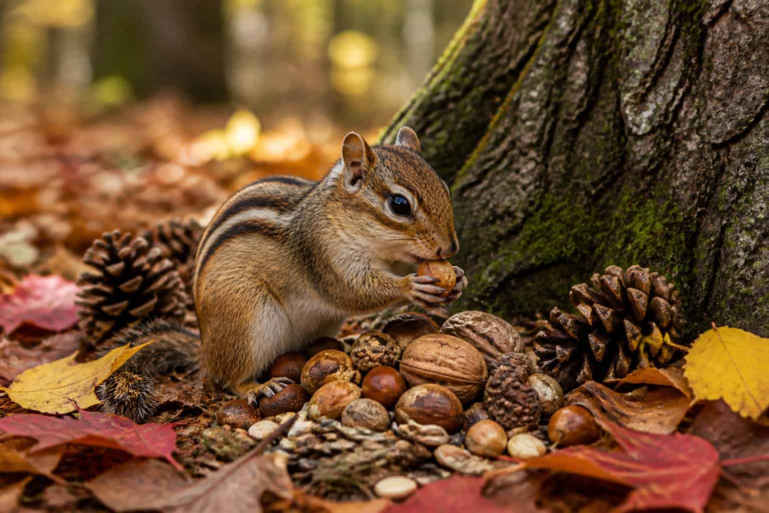 A chipmunk gathering nuts and seeds on a forest floor covered with autumn leaves near a tree trunk.