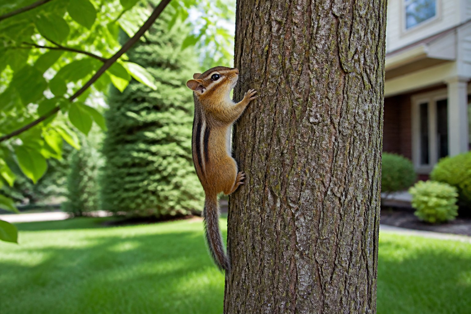 A chipmunk climbing a tree trunk in a green yard with a house visible in the background.