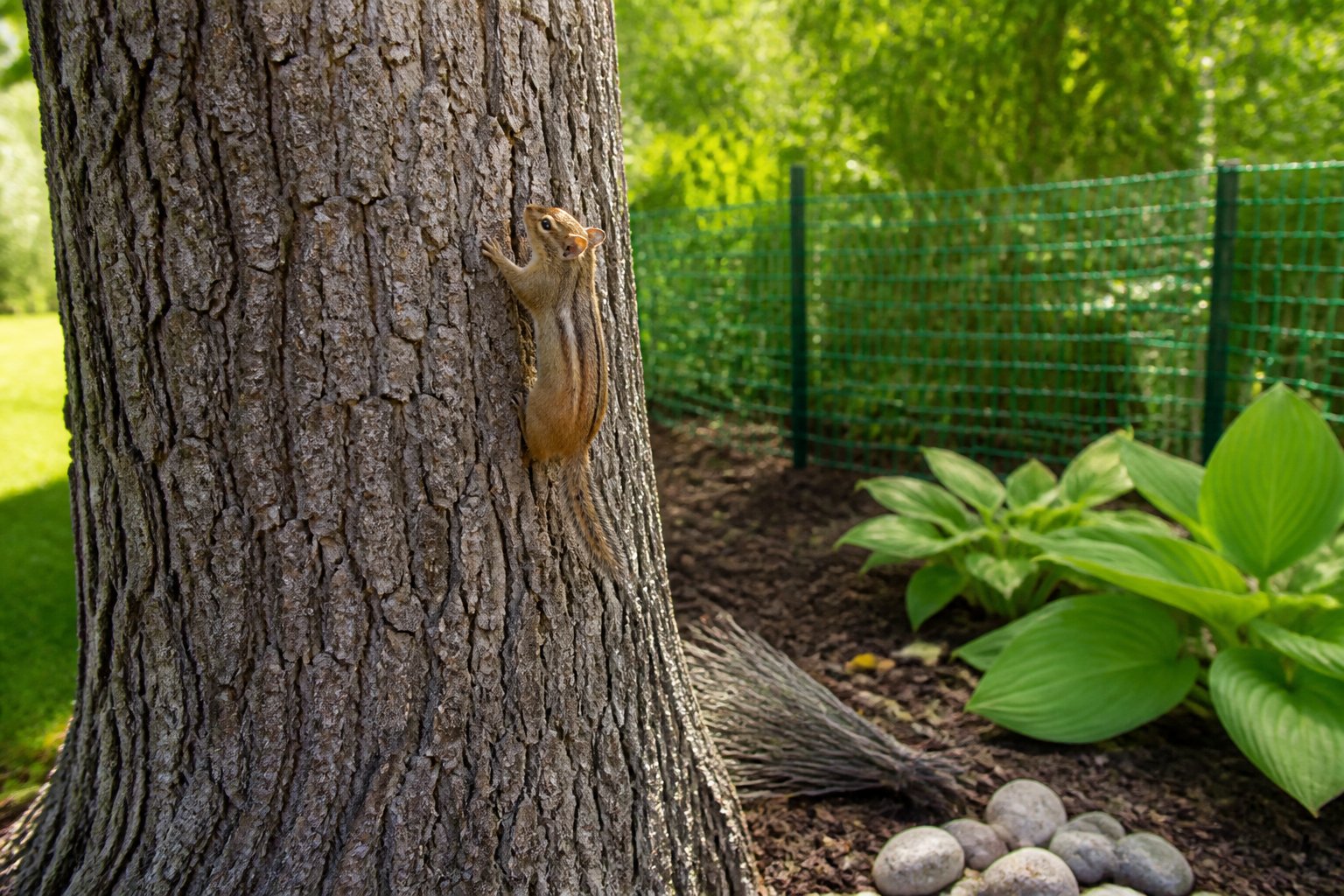 A chipmunk climbing a tree surrounded by greenery with garden barriers in the background.