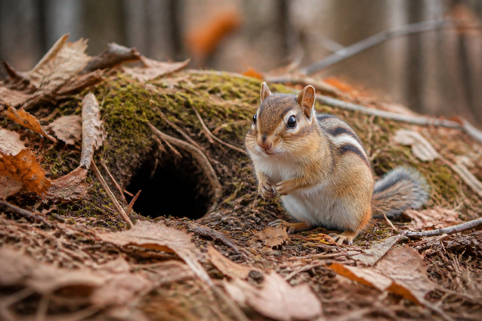 A chipmunk near the entrance of its burrow surrounded by fallen leaves and forest floor debris.