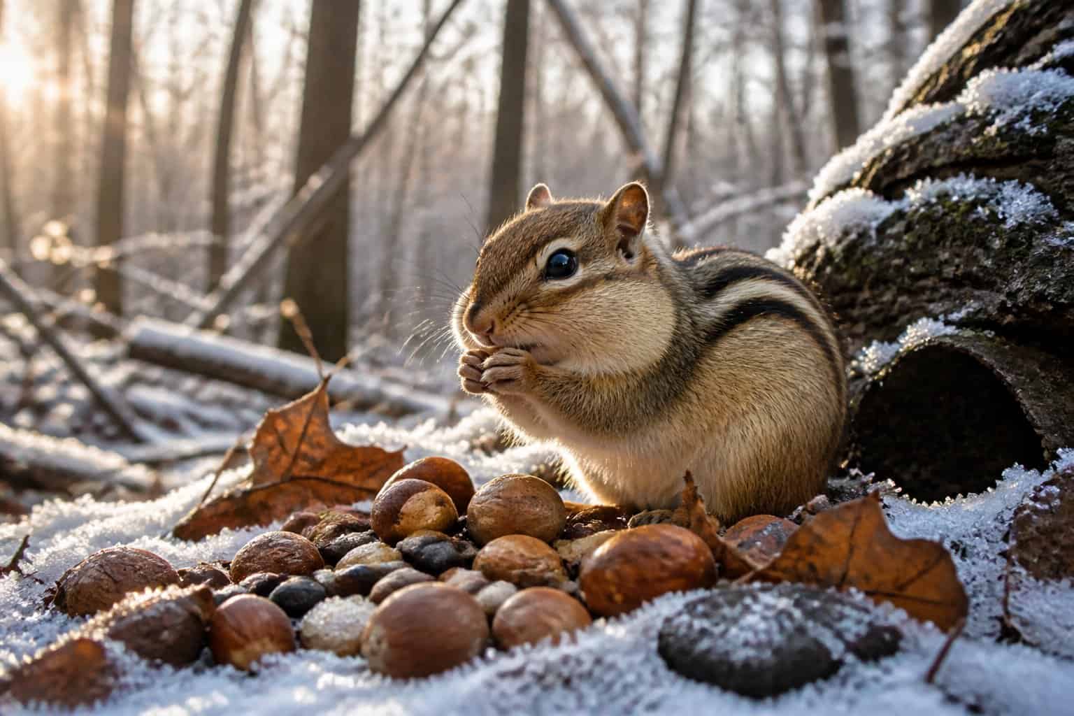 A chipmunk in a snowy forest gathering food and storing it in its cheeks among fallen leaves and bare trees.