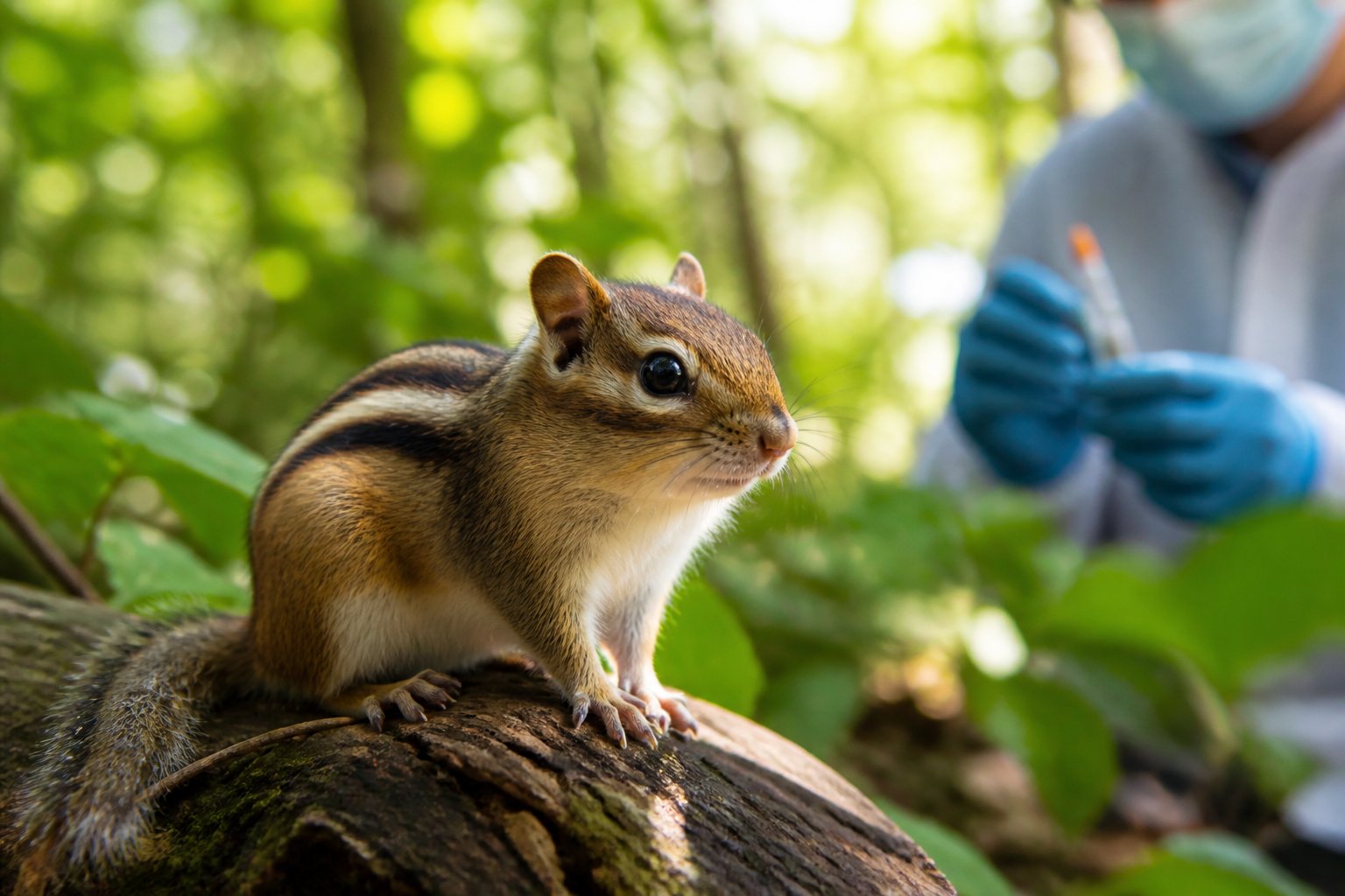 A chipmunk sitting on a tree branch in a forest with a person wearing gloves holding a vial in the background.