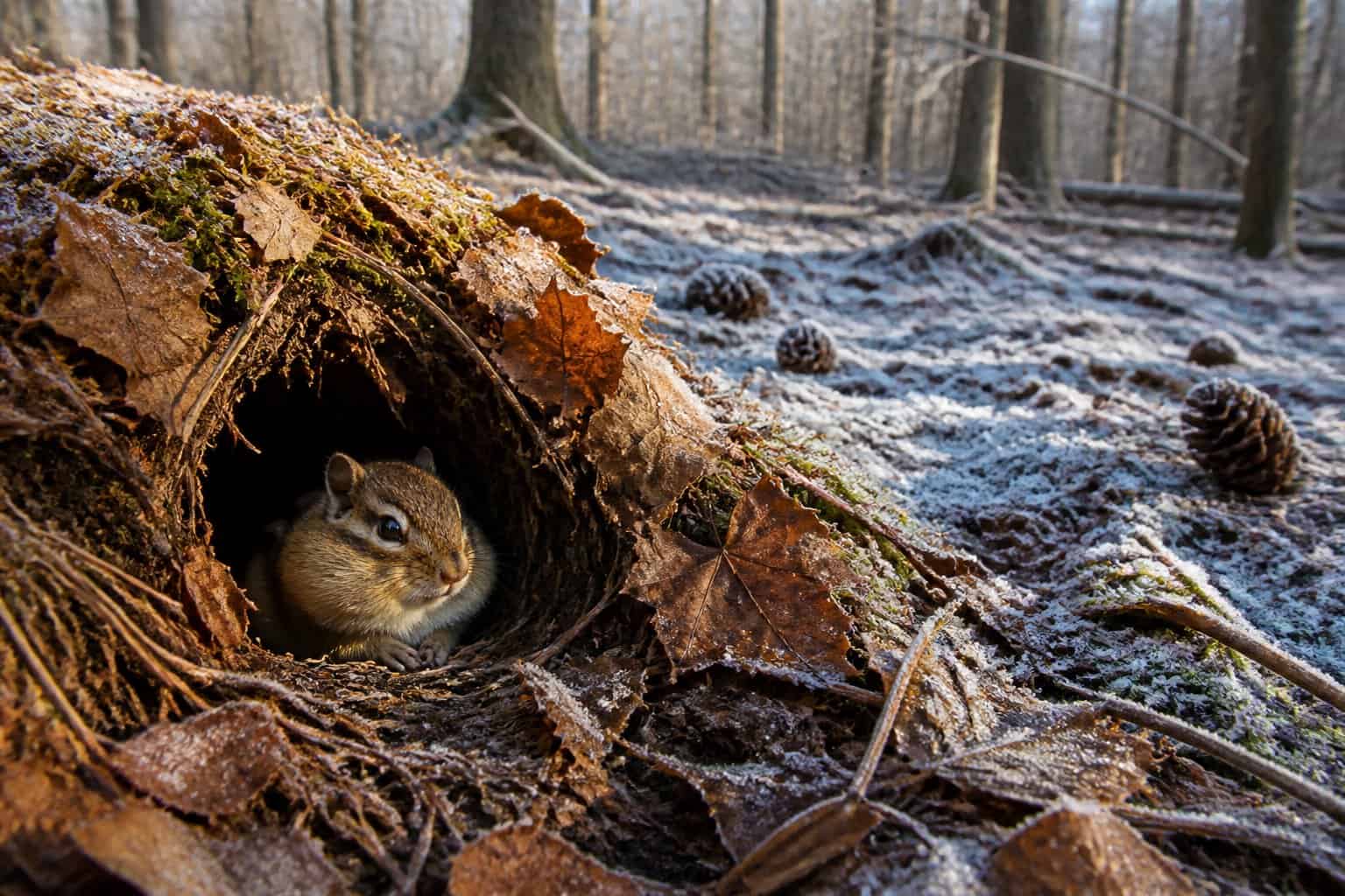A chipmunk resting inside a burrow surrounded by fallen leaves and moss in a forest during late autumn or early winter.