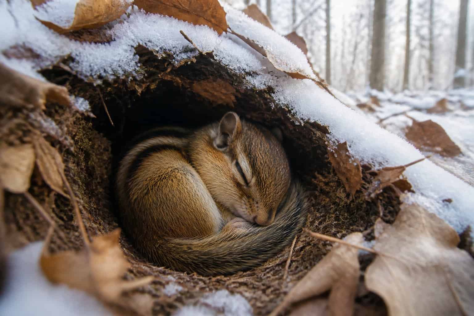 A chipmunk curled up in a burrow surrounded by snow and fallen leaves in a winter forest.