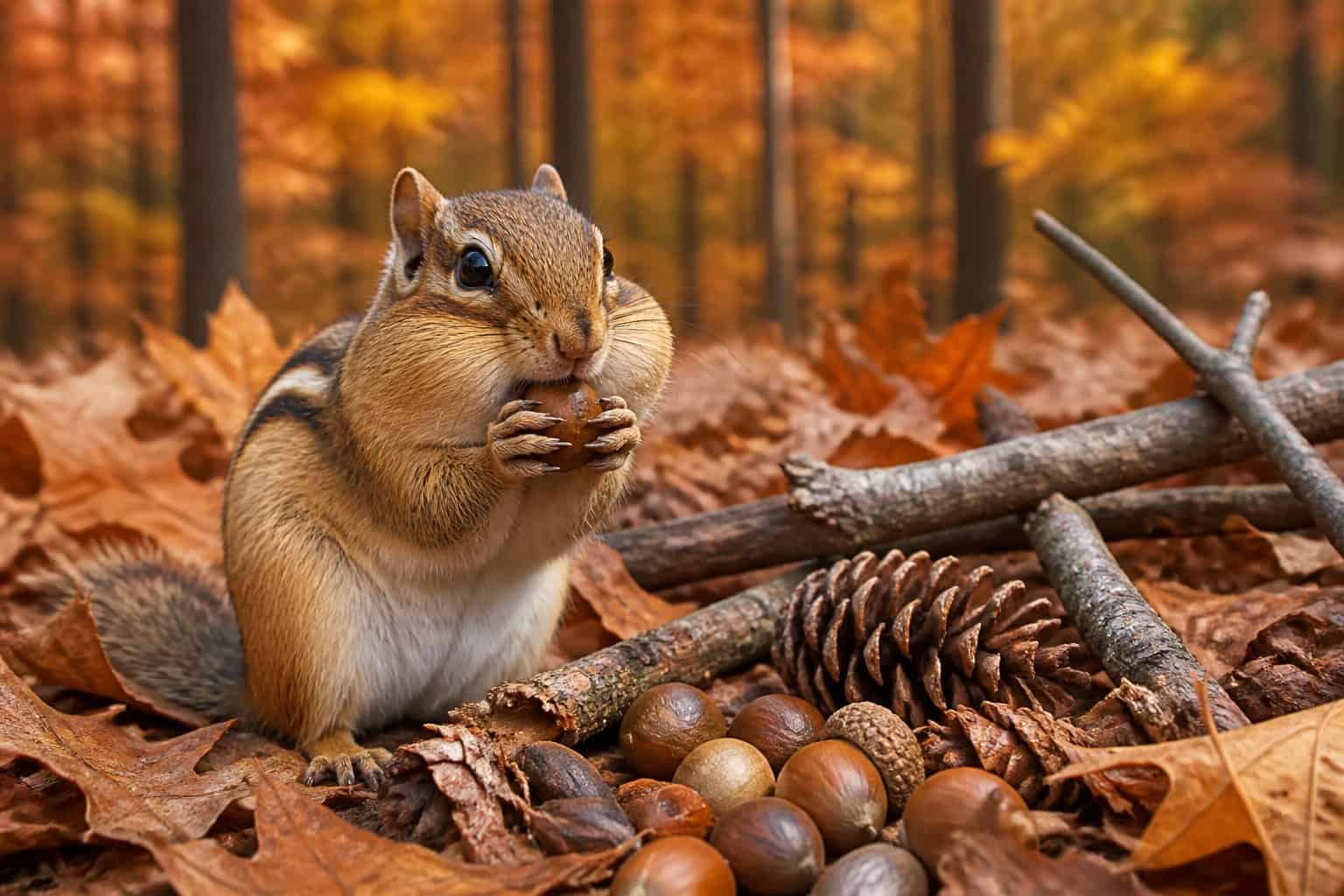 A chipmunk in a forest gathering nuts and seeds among fallen autumn leaves.