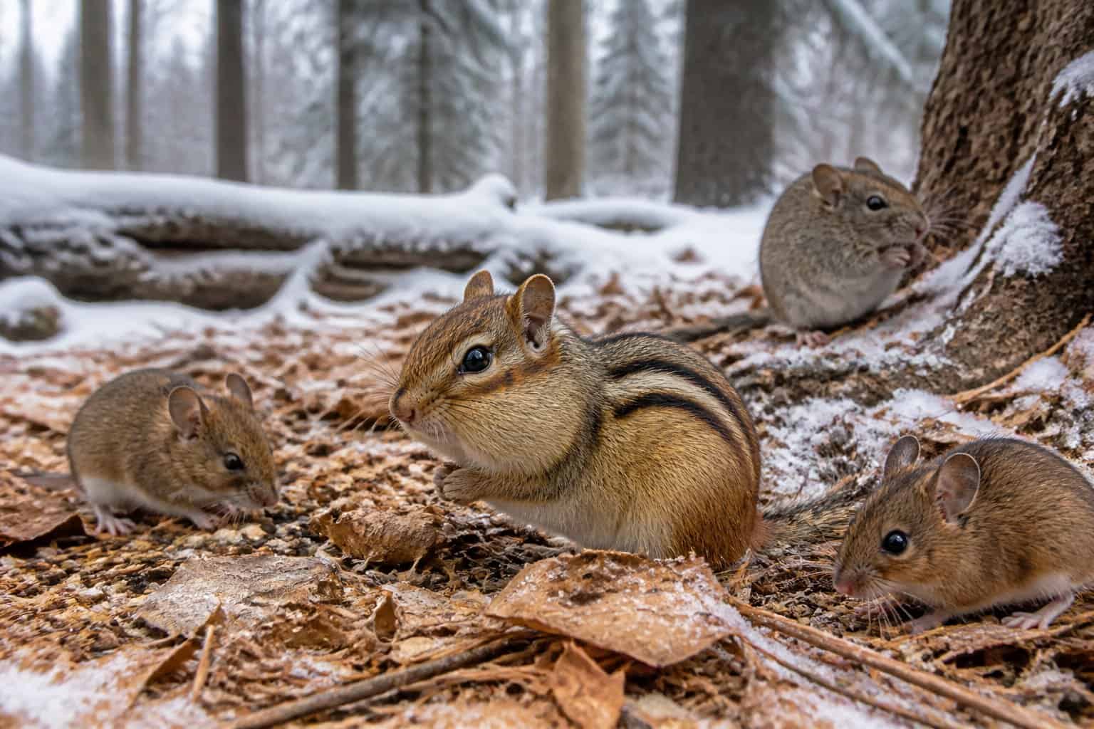 A chipmunk and other small rodents among snow-dusted forest floor with trees in the background during winter.