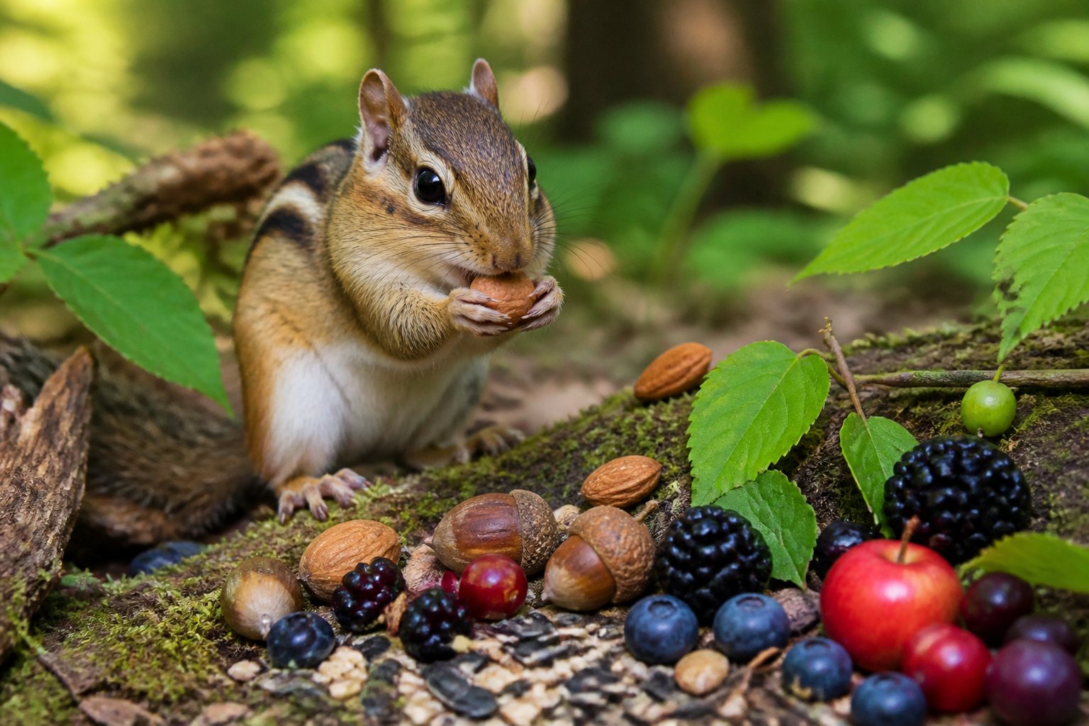 A chipmunk eating a nut outdoors surrounded by acorns, seeds, and berries in a forest setting.