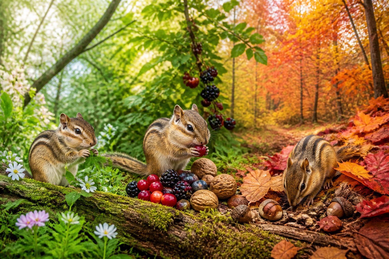 A chipmunk in a forest eating different foods across spring, summer, and autumn seasons with green leaves, berries, and acorns visible.