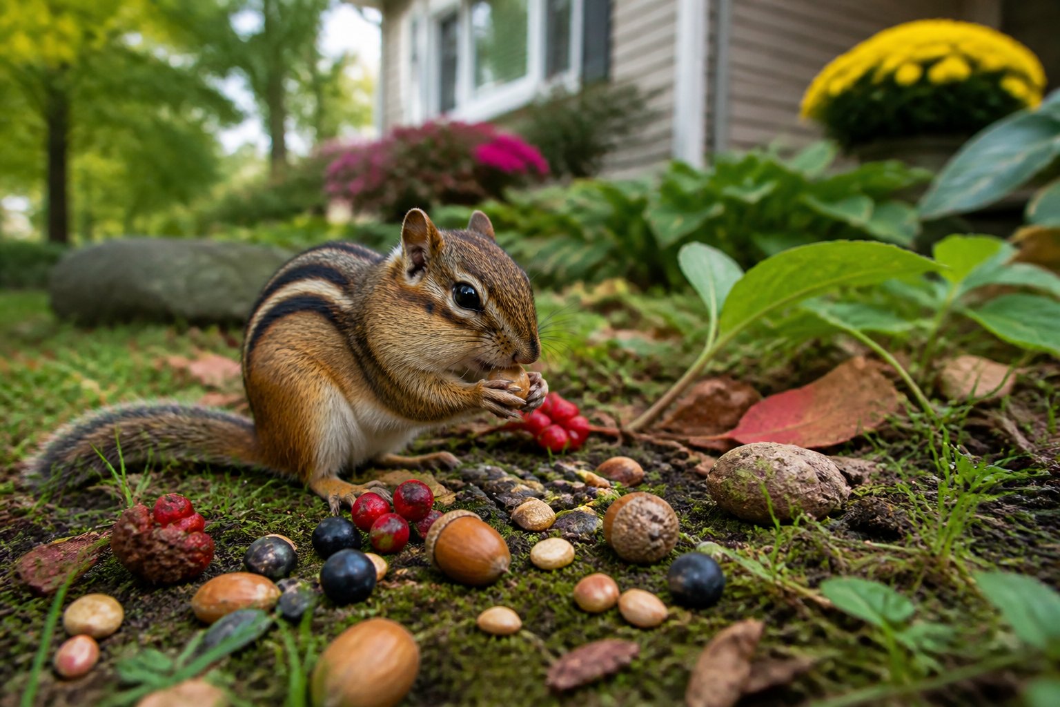 A chipmunk foraging on the ground in a garden near a house, surrounded by grass, leaves, and scattered nuts and berries.