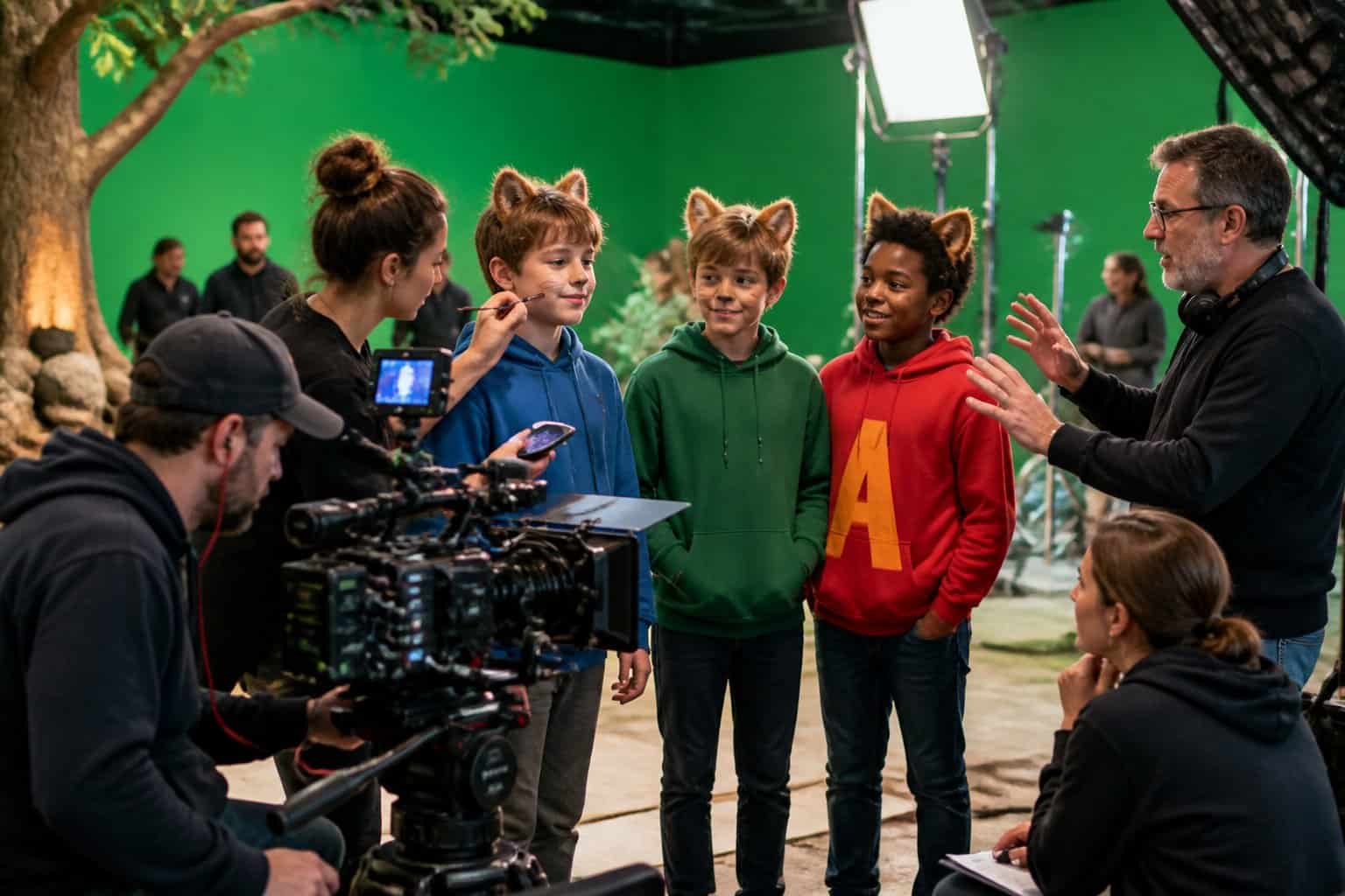 A film crew and actors on a movie set preparing for a live-action family film shoot with movie cameras and lighting equipment.