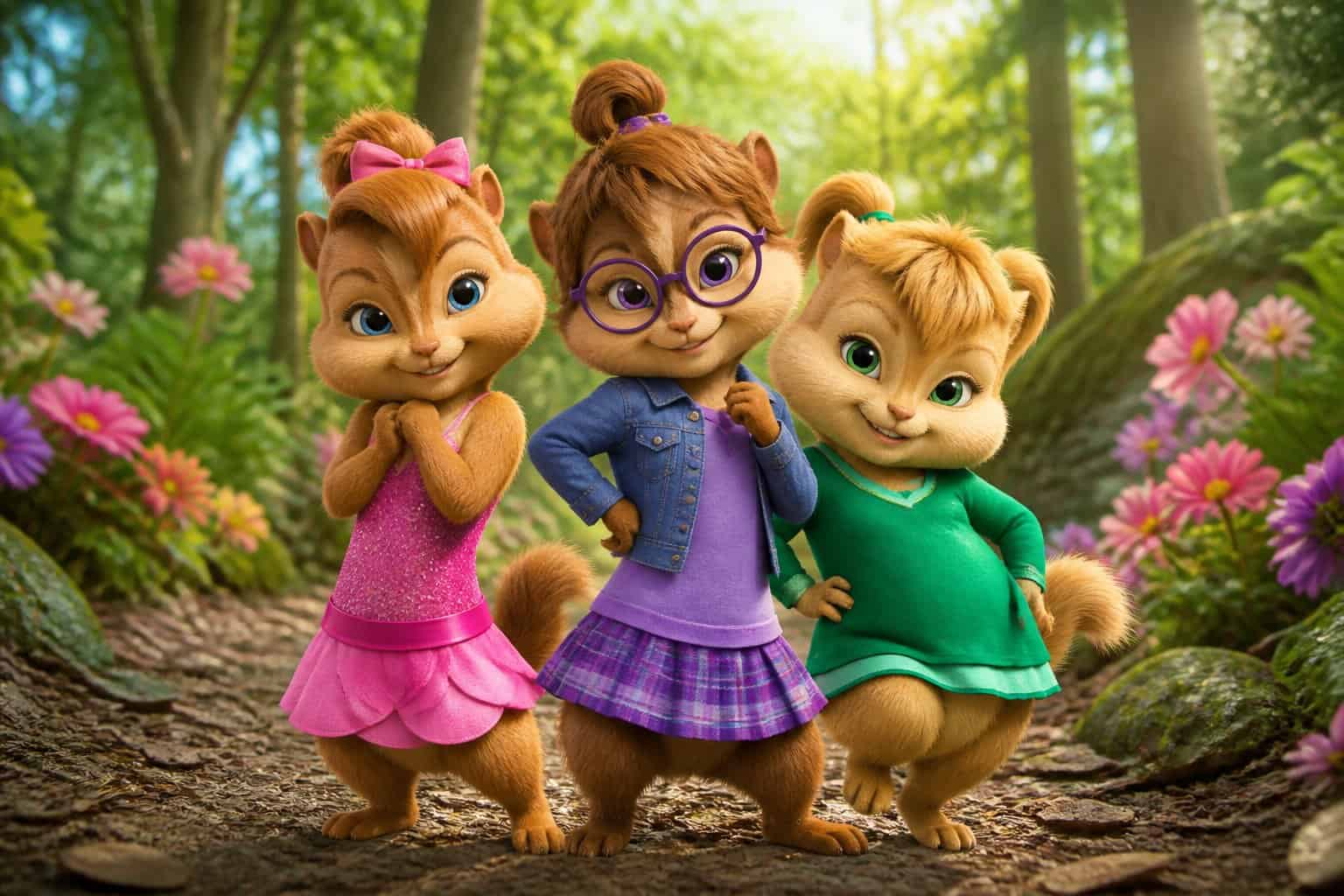 Three female chipmunks standing together in a colorful forest, each with unique clothing and hairstyles.