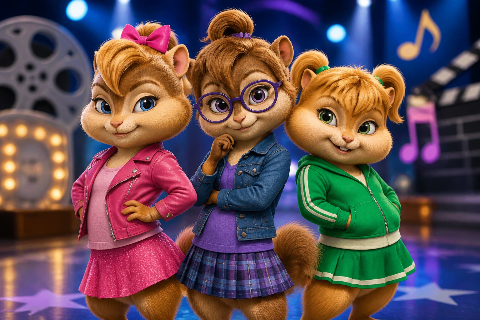 Three animated female chipmunks standing together in a colorful setting with music notes and stage lights in the background.