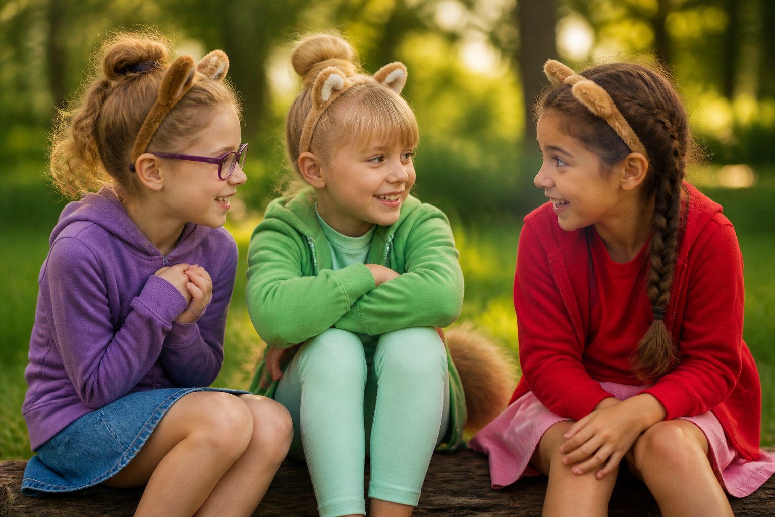 Three young girls outdoors in a park, smiling and interacting with each other in colorful casual clothes.