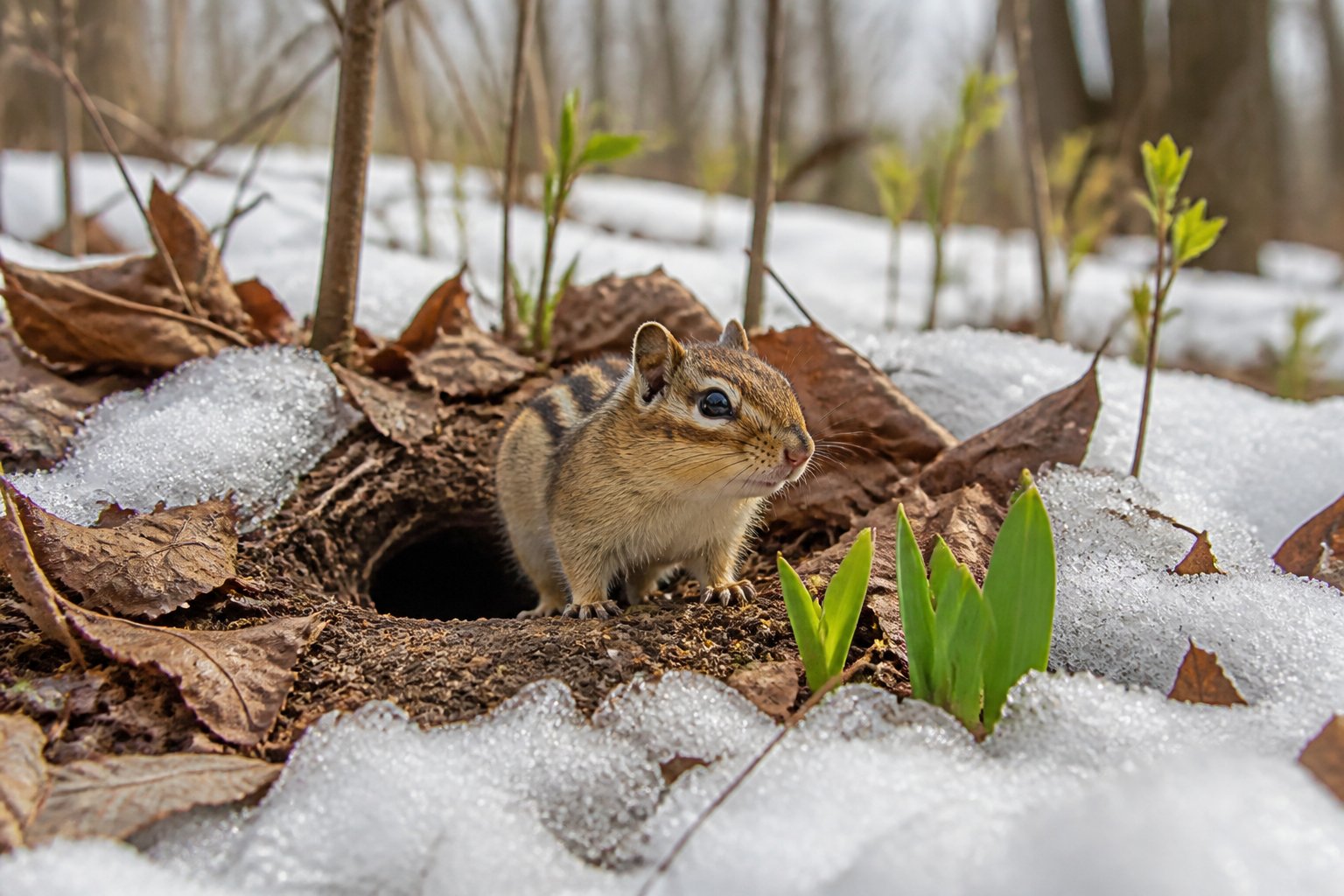 A chipmunk emerging from its burrow in a woodland area with melting snow and new green plants around.