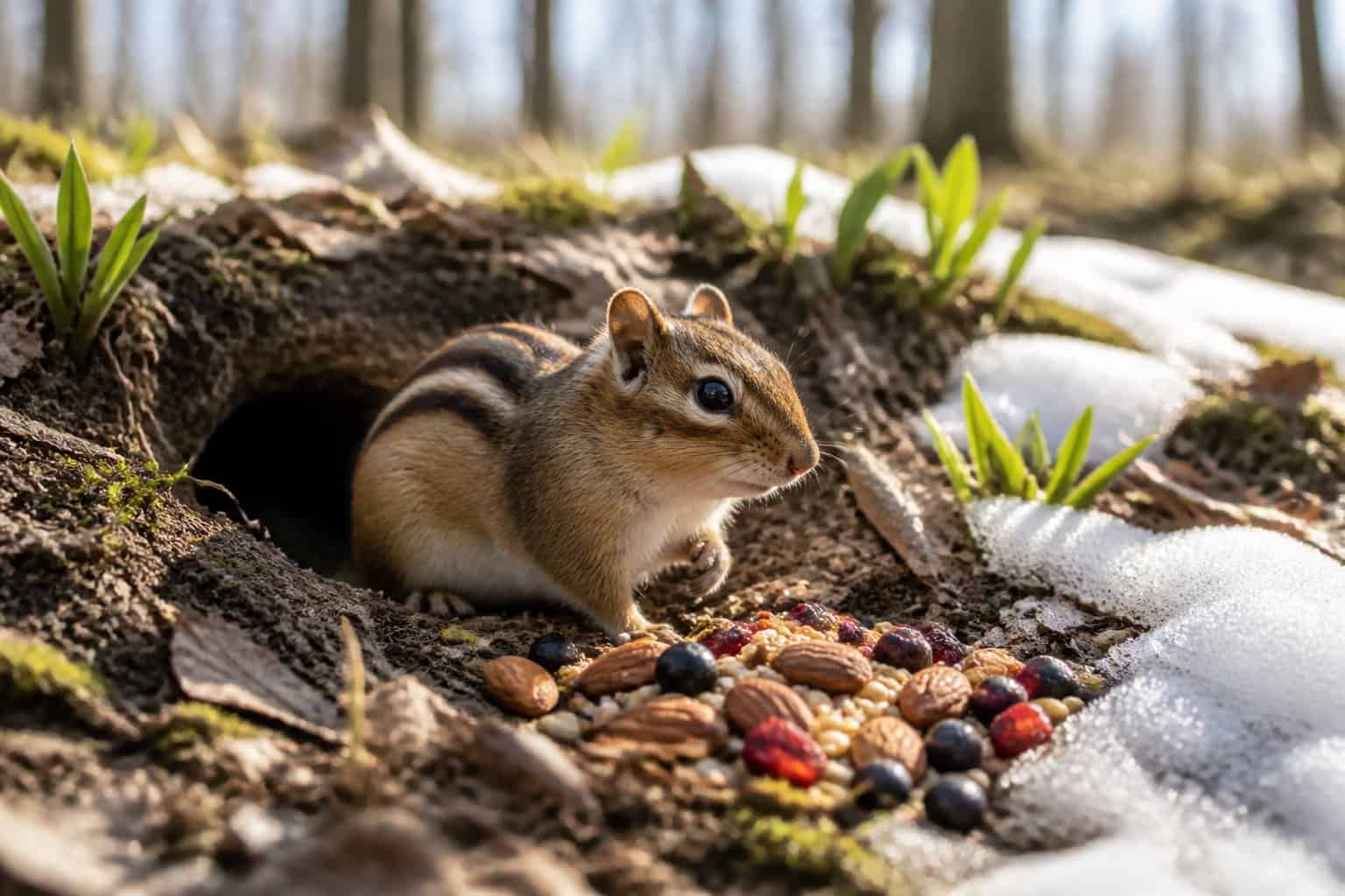 A chipmunk emerging from a burrow on a forest floor with patches of snow and scattered seeds and nuts nearby.
