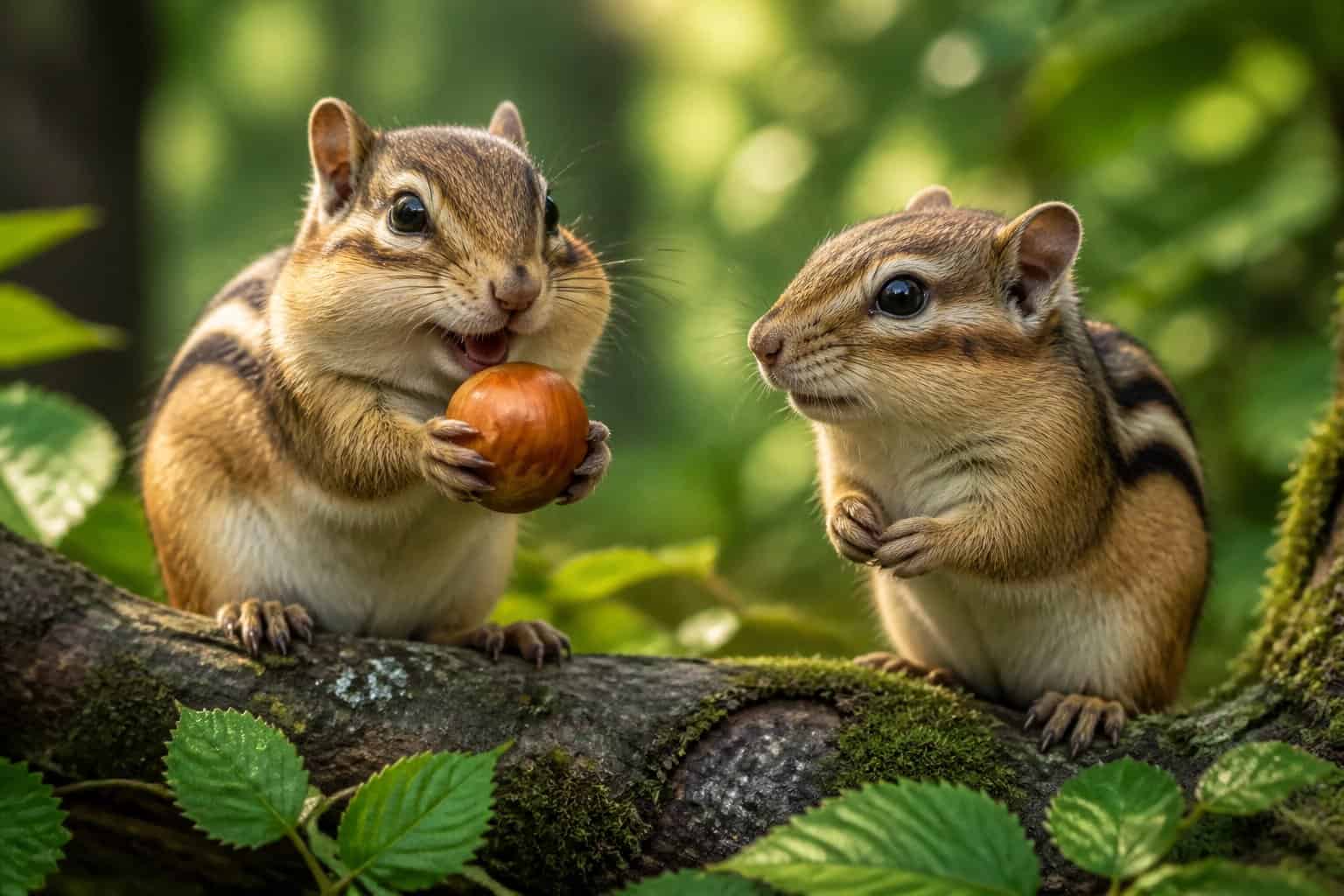 Two chipmunks on a tree branch, one holding a nut and the other looking at it.