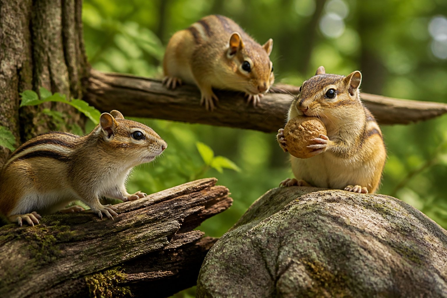 Three chipmunks on tree branches interacting, one holding a larger nut while the others watch.