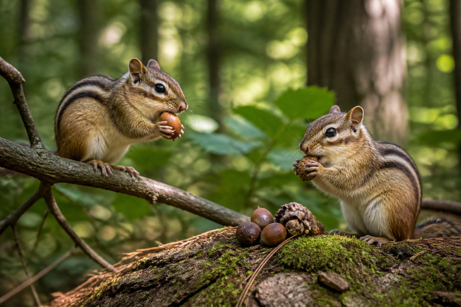 Two chipmunks eating nuts on tree branches in a sunlit forest setting.
