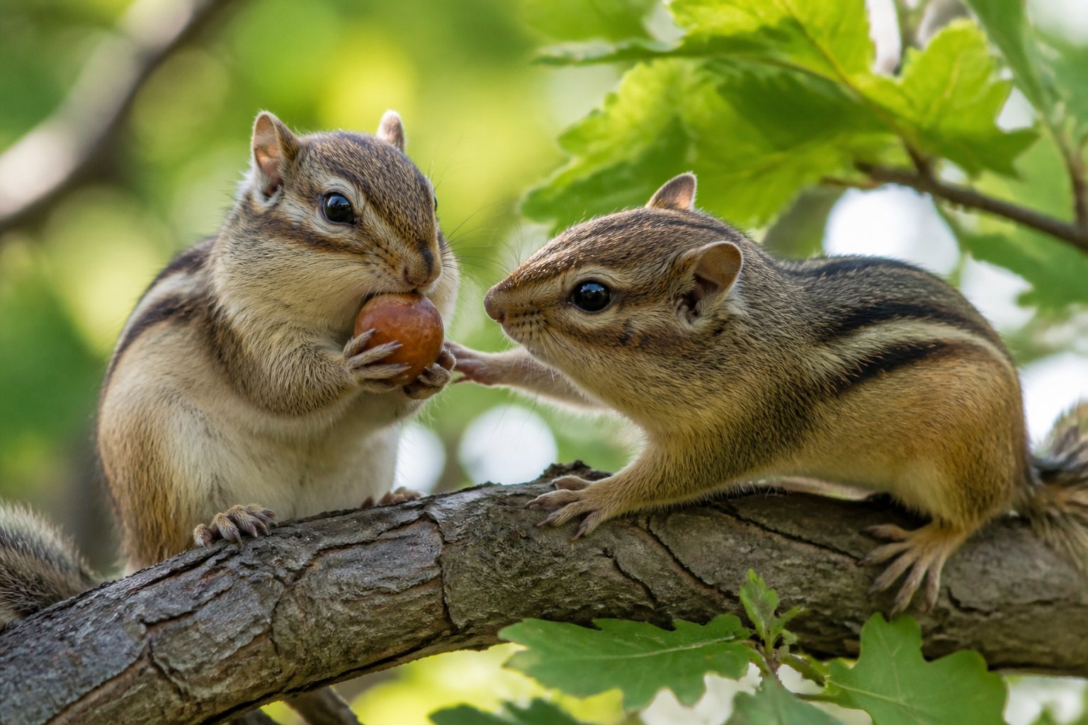 Two chipmunks sitting on a tree branch surrounded by green leaves, one holding a nut while the other looks on.