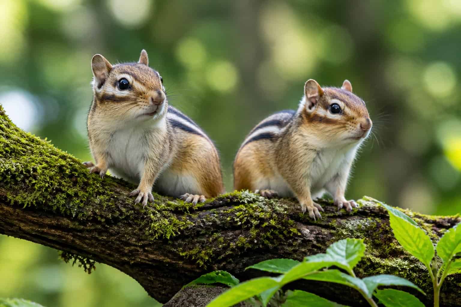 Two chipmunks sitting on a tree branch surrounded by green leaves in a forest.