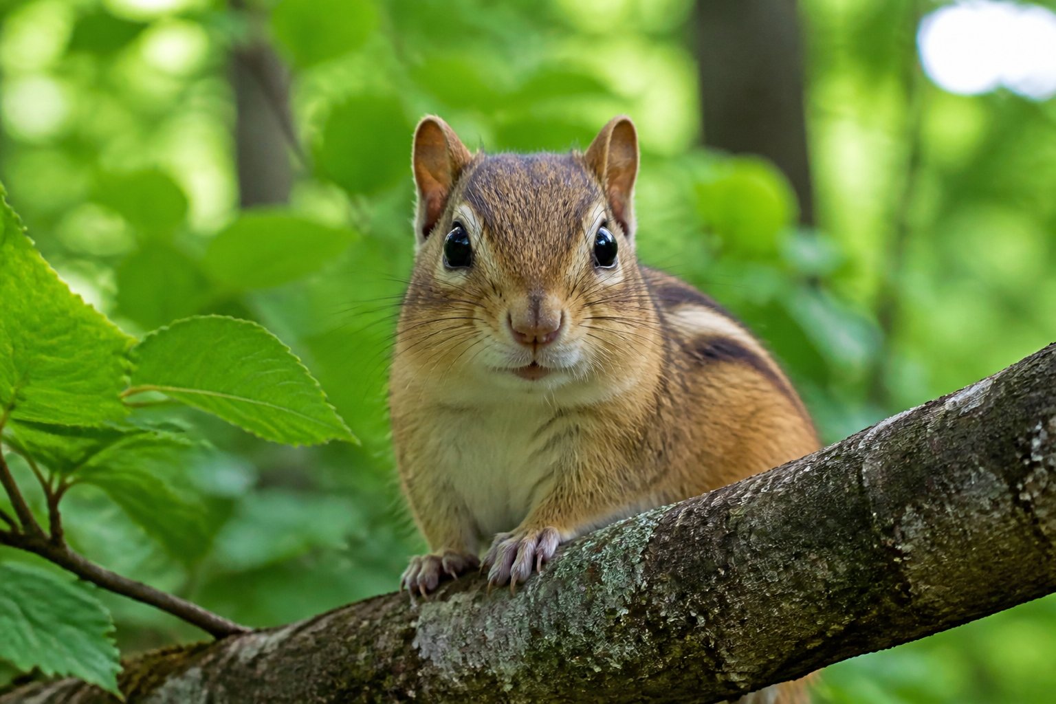 A chipmunk sitting on a tree branch in a green forest looking towards the camera.