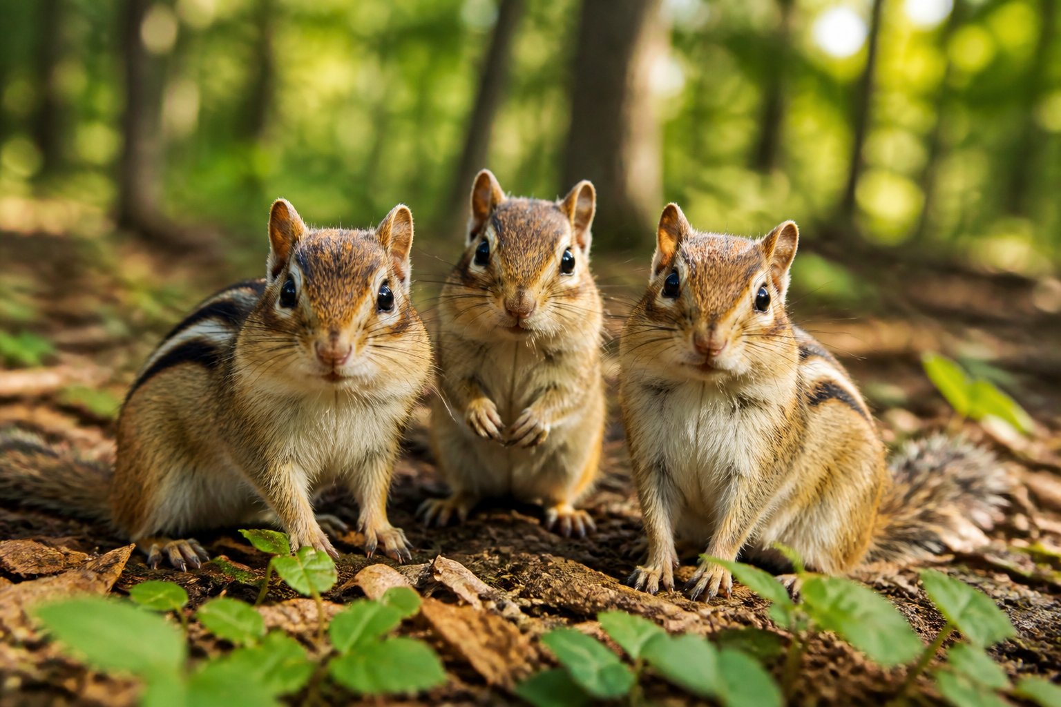 Three chipmunks sitting together on a forest floor surrounded by leaves and plants.