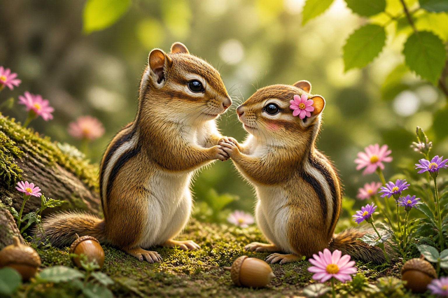 Two chipmunks holding paws and looking affectionately at each other in a forest with sunlight and wildflowers.