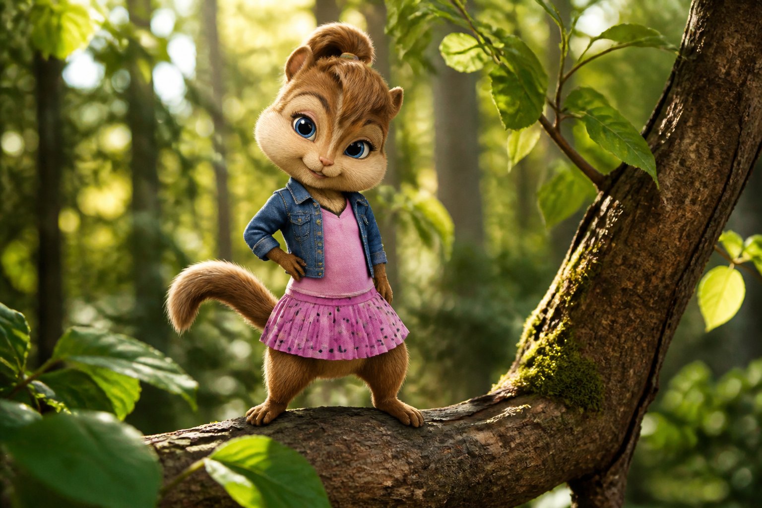 A friendly female chipmunk standing on a tree branch in a sunlit forest surrounded by green leaves.