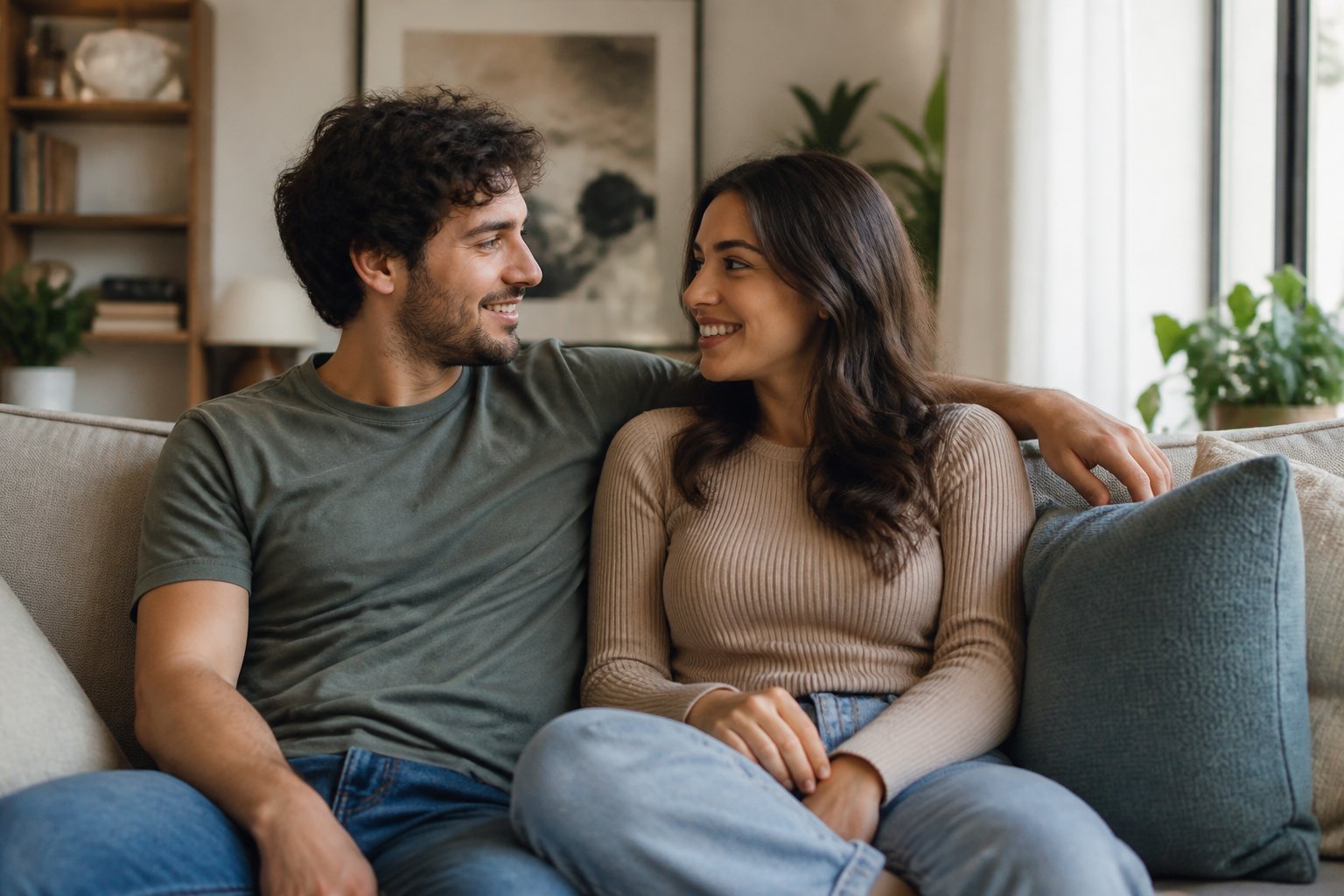 A young man and woman sitting closely together on a sofa in a cozy living room, smiling at each other warmly.