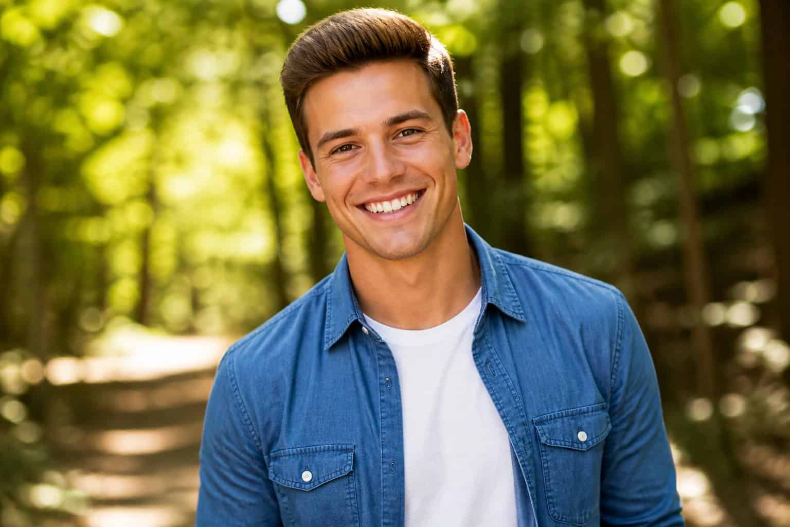 A young man smiling confidently outdoors with trees and sunlight in the background.