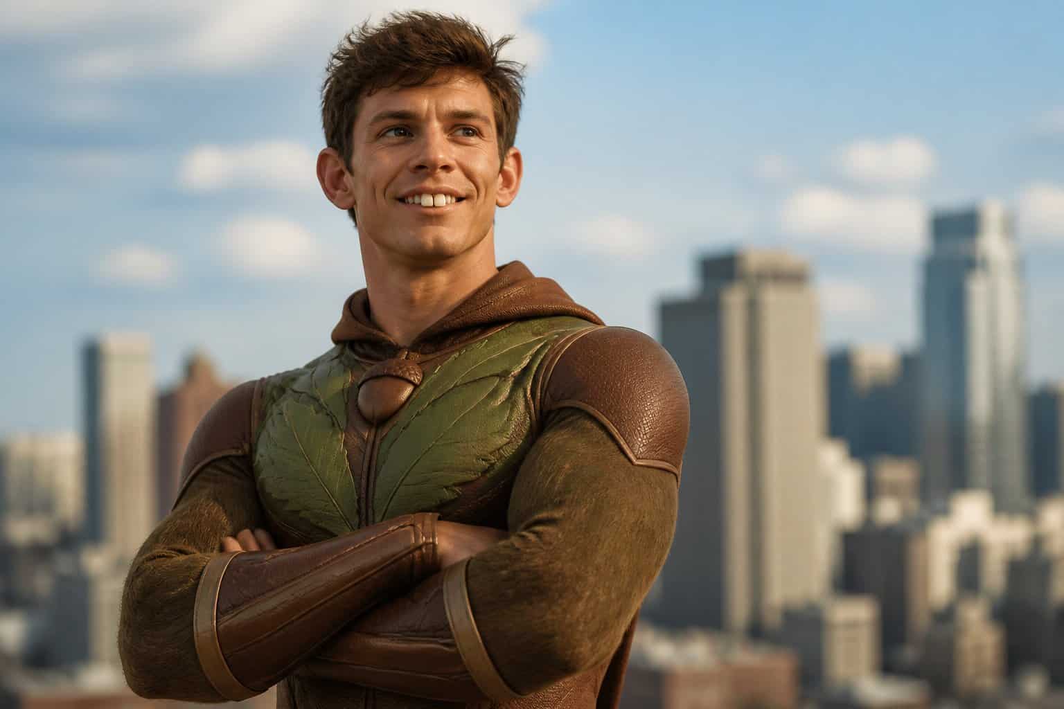 A muscular young man in a brown and green superhero costume stands confidently with arms crossed in front of a city skyline.