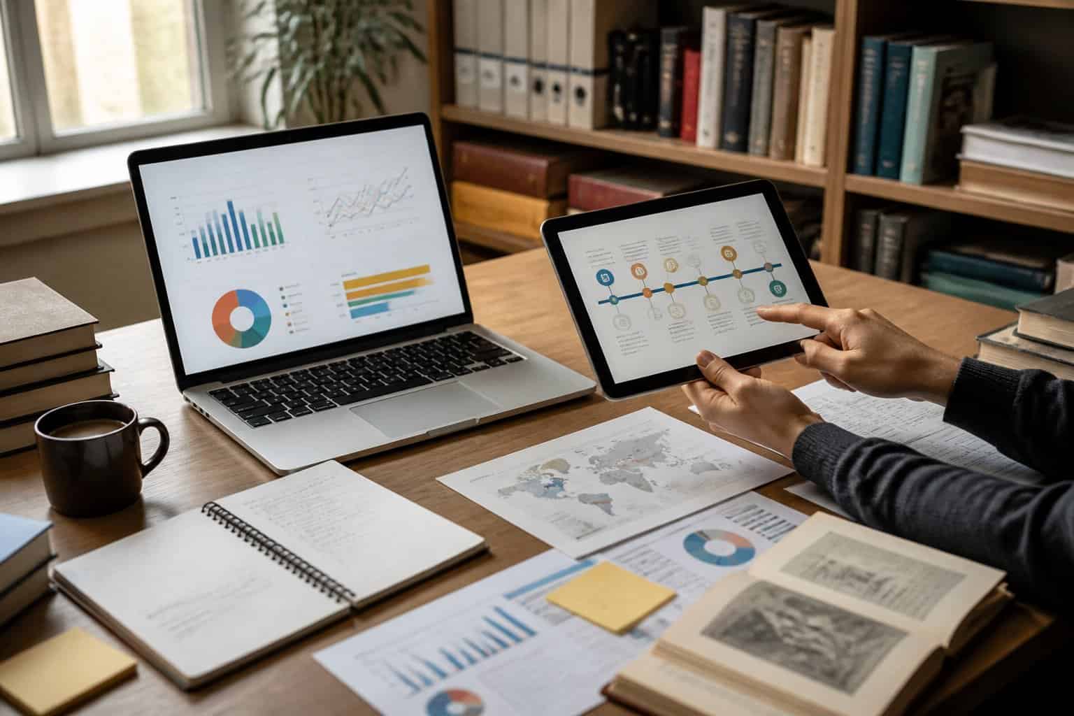 A workspace with a laptop, documents, and a tablet showing data, with bookshelves and a coffee cup nearby.
