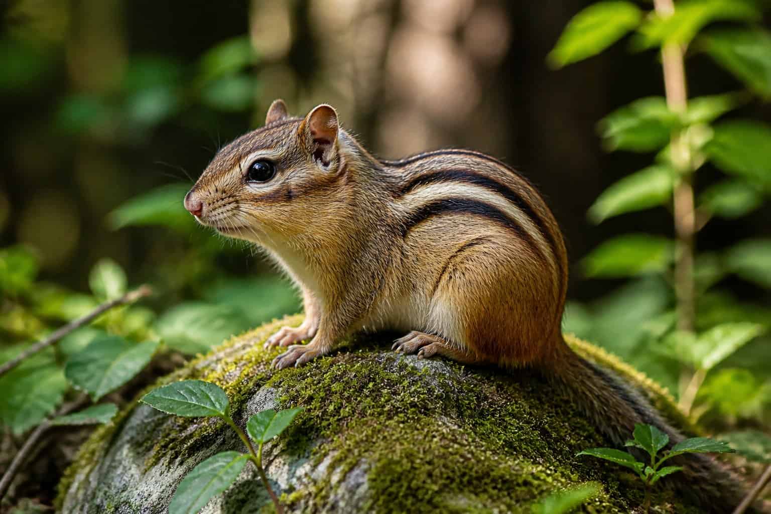 A chipmunk with striped fur sitting on a mossy rock in a forest, surrounded by green plants.