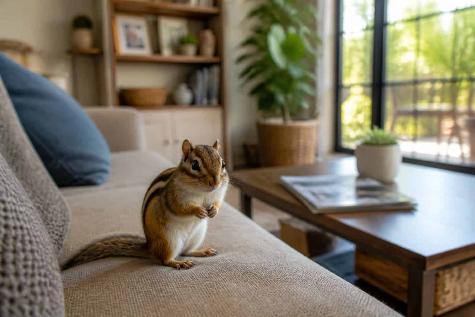 A small chipmunk sitting on a couch cushion in a bright, modern living room.