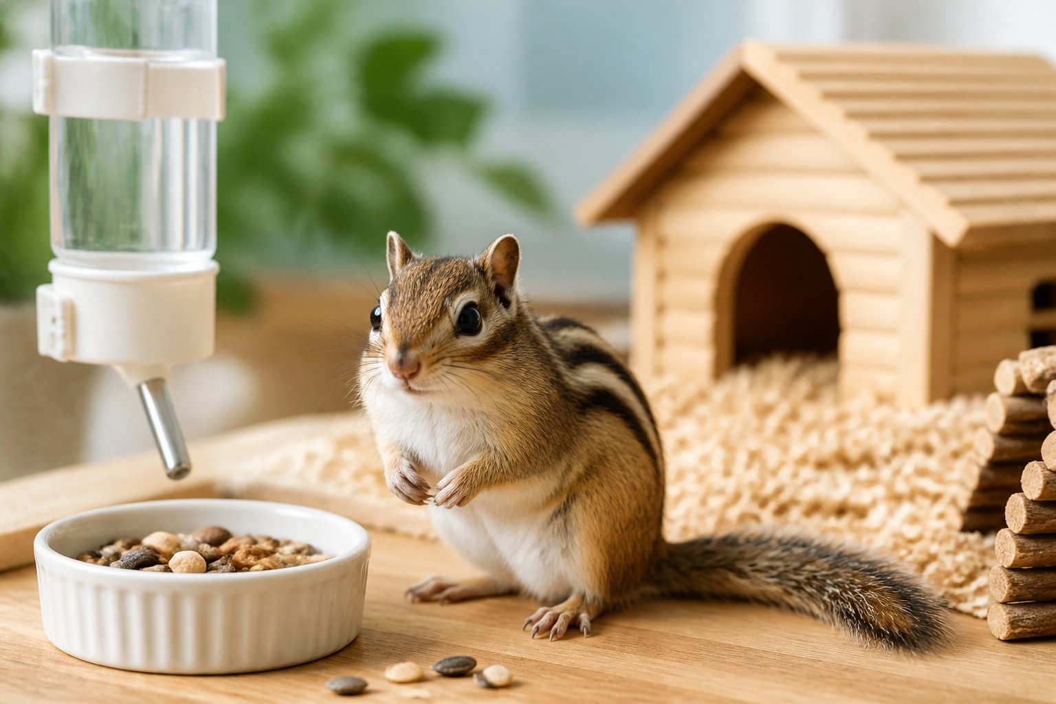 A chipmunk sitting on a wooden surface next to pet care items including a food bowl, water bottle, and a small animal habitat.