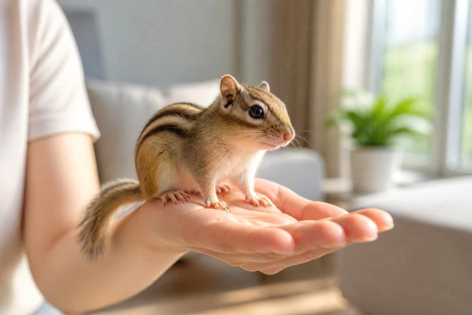 A chipmunk sitting calmly on a person's hand in a bright indoor home setting.