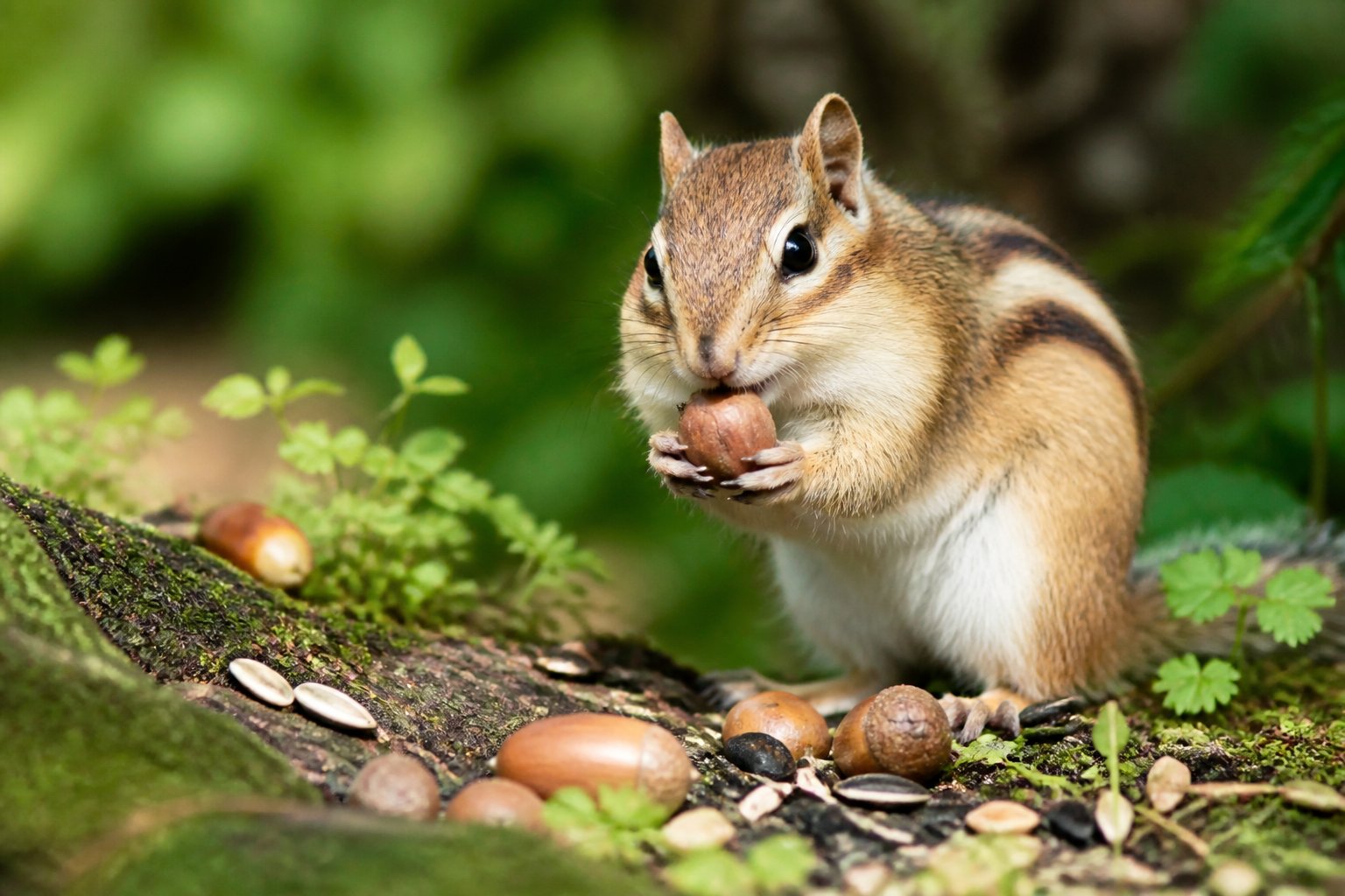 A chipmunk holding a nut while sitting on a tree branch surrounded by green leaves in a forest.