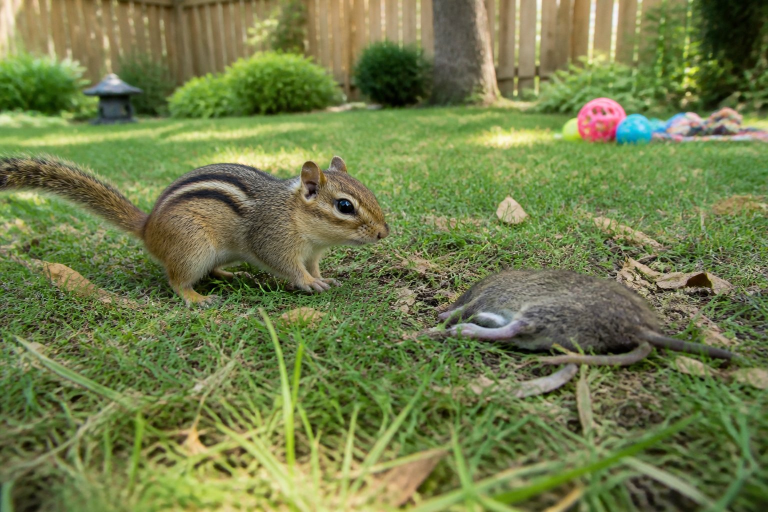 A chipmunk cautiously approaches a dead mouse on the grass in a backyard setting.