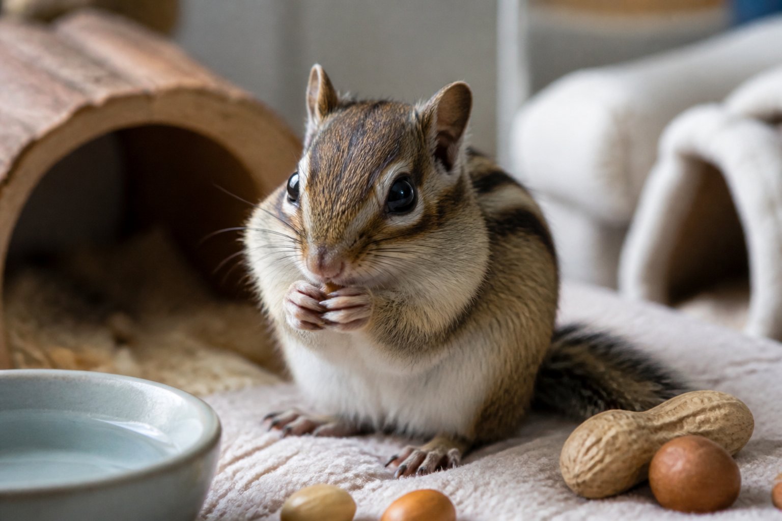 A chipmunk sitting on a soft surface indoors with pet items nearby.