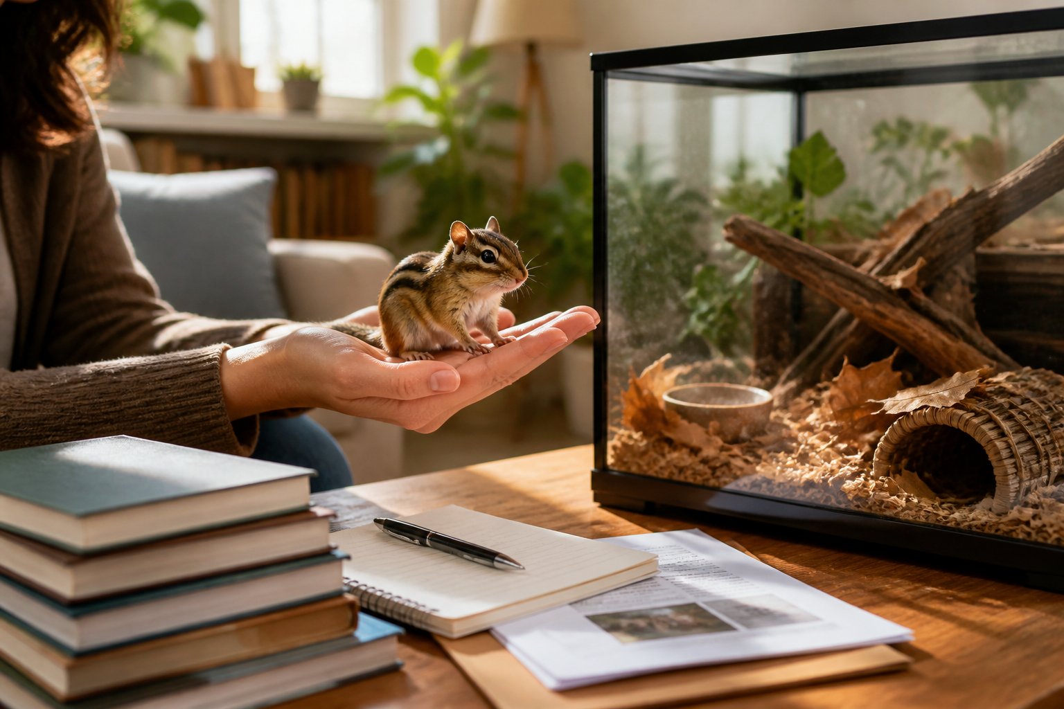 A person gently holding a chipmunk in a cozy living room with a glass terrarium and books on a table nearby.