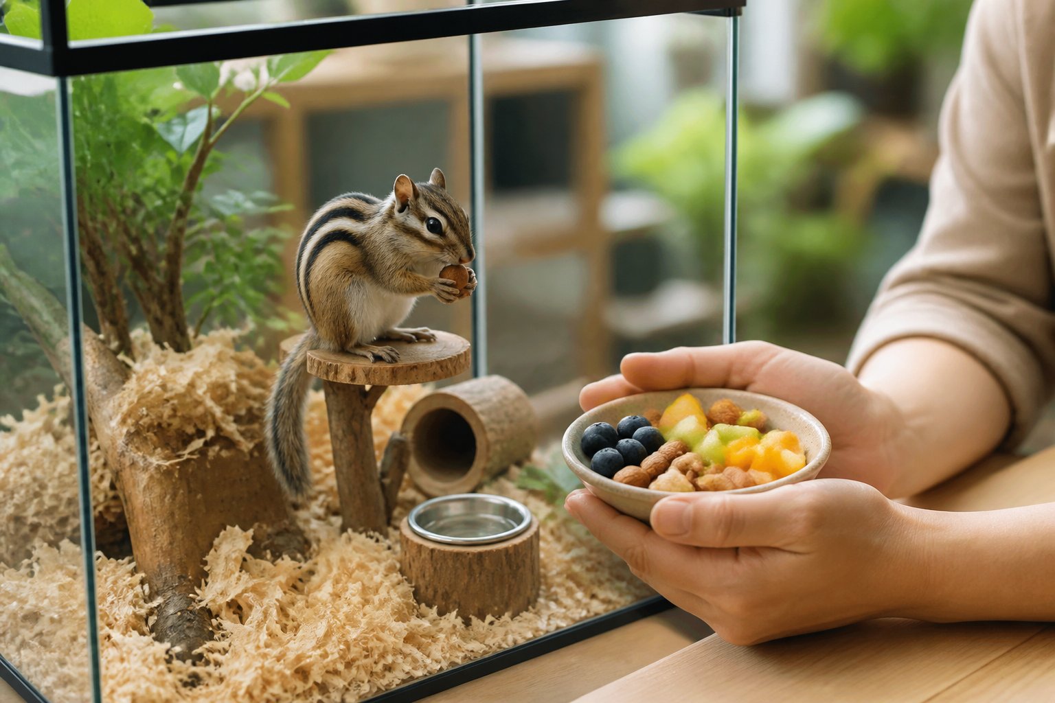 A chipmunk inside a glass enclosure with natural bedding and plants, being gently fed by a person holding a bowl of fruits and nuts.